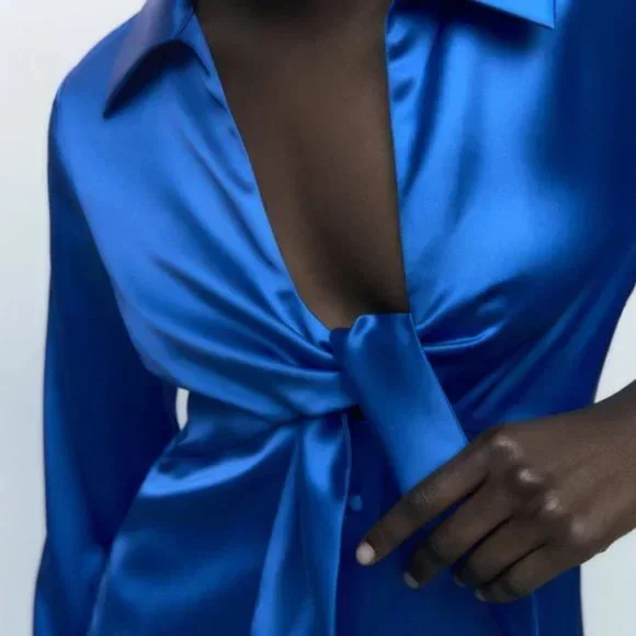 Zara Blue Mini Dress Long Sleeve Notched Collar - Picture 5 of 8